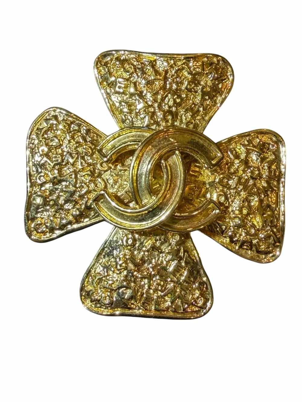 CHANEL Gold-Tone Cross Brooch with Interlocking CC